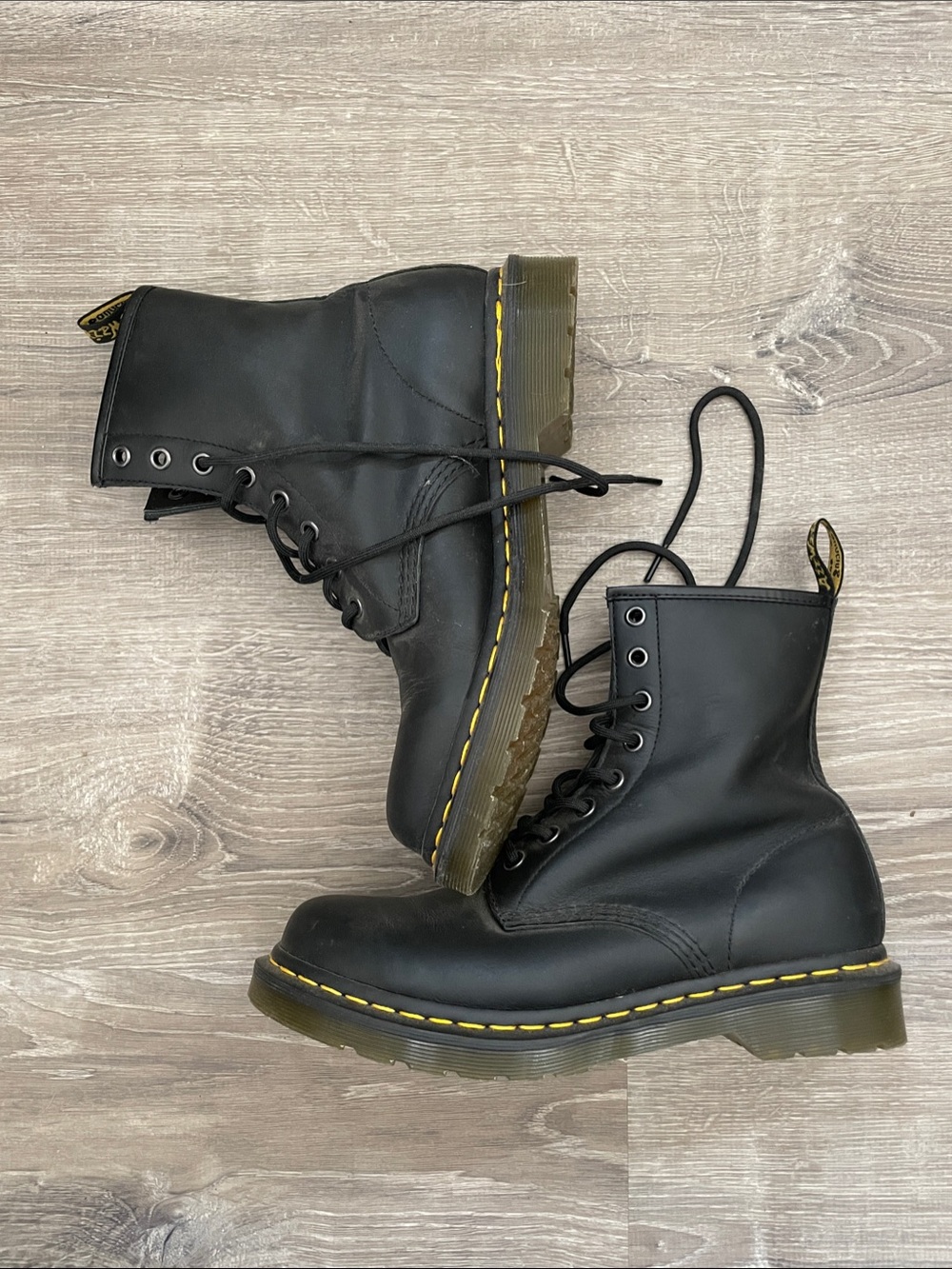Dr. Martens Black Lace-Up Combat Boots with Yellow Stitching